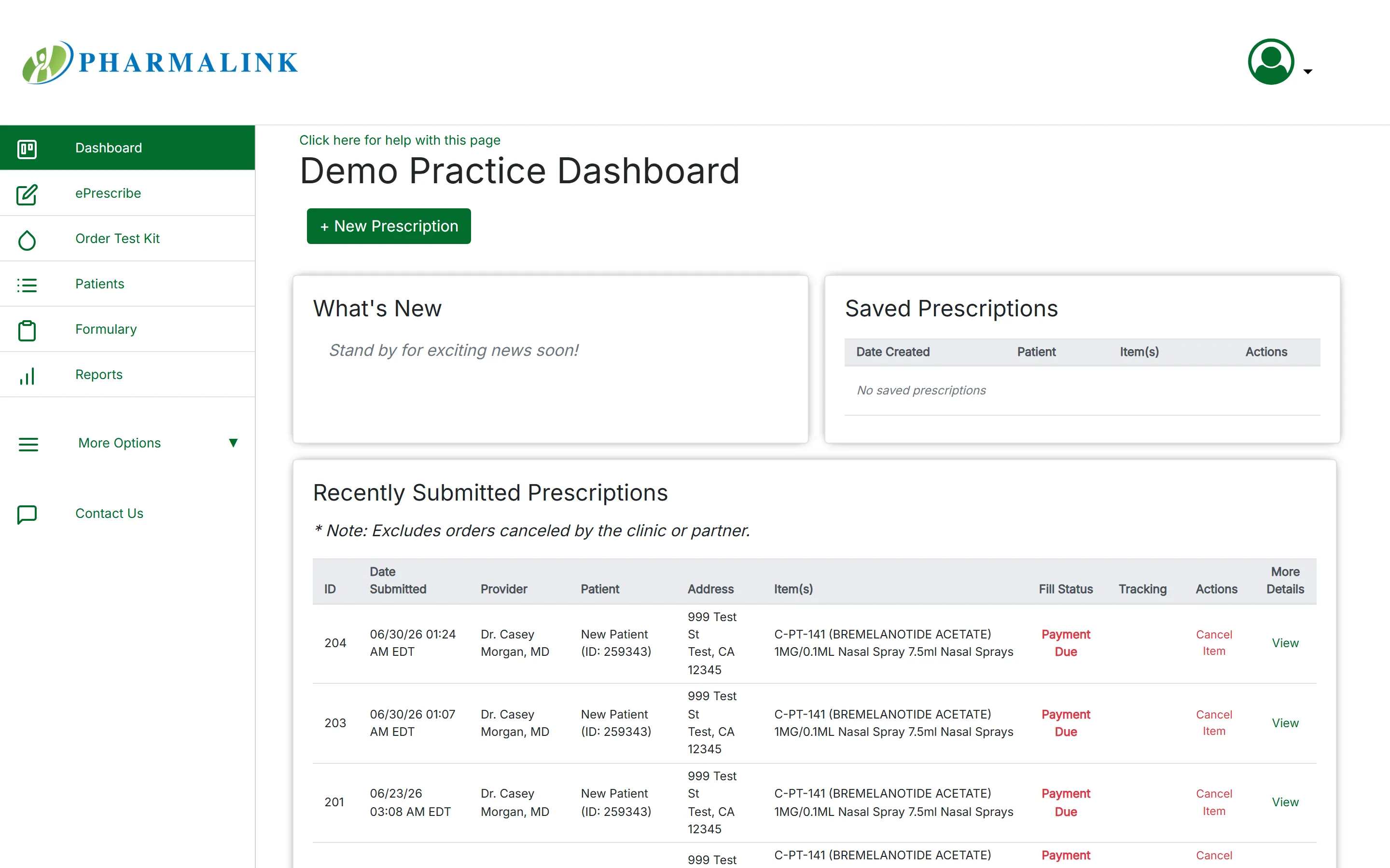PharmaLink practice dashboard showing recently submitted prescriptions with fill status and tracking