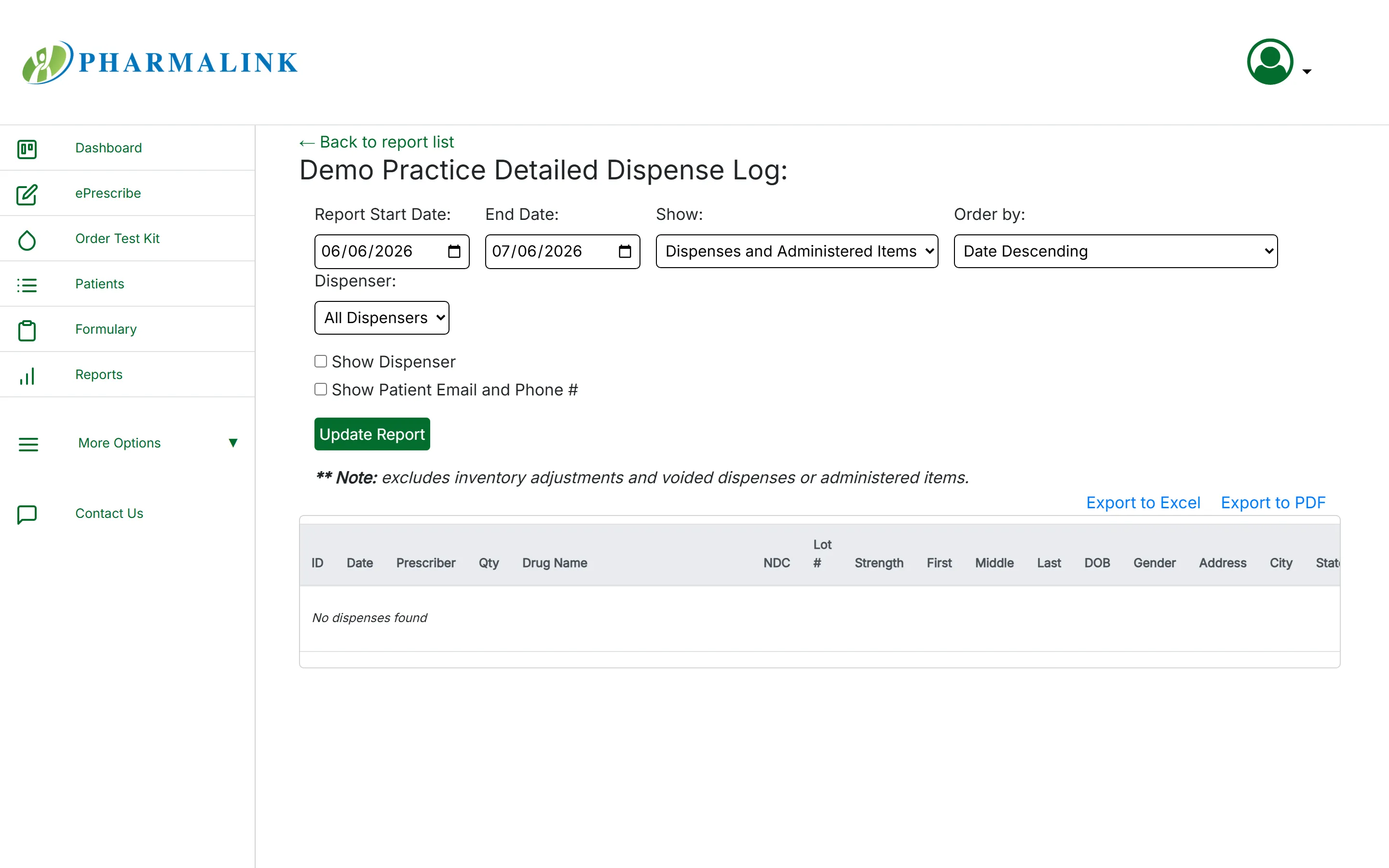 PharmaLink dispense log report with filters and export