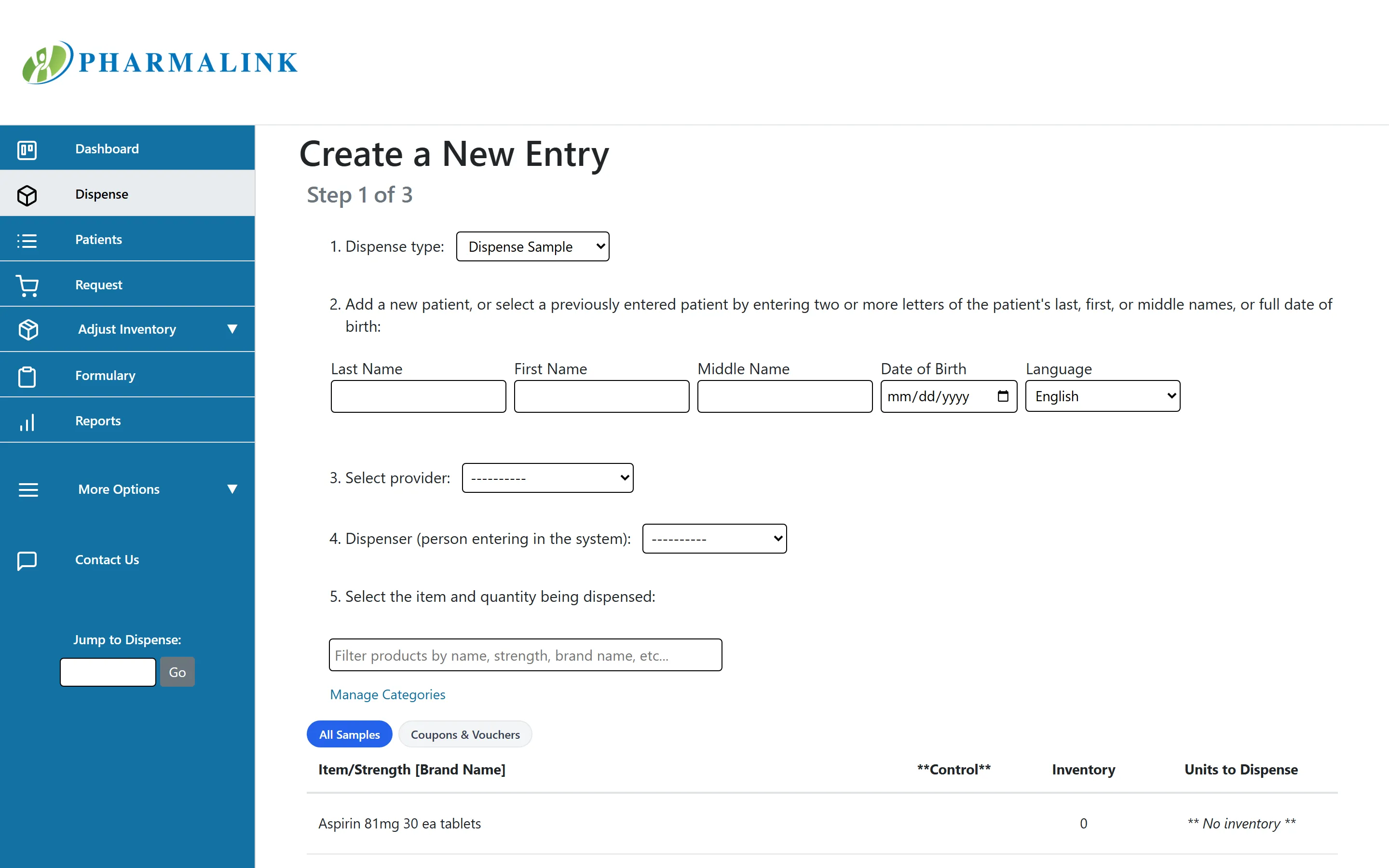 PharmaLink dispensing screen with guided steps for patient, provider, and medication selection