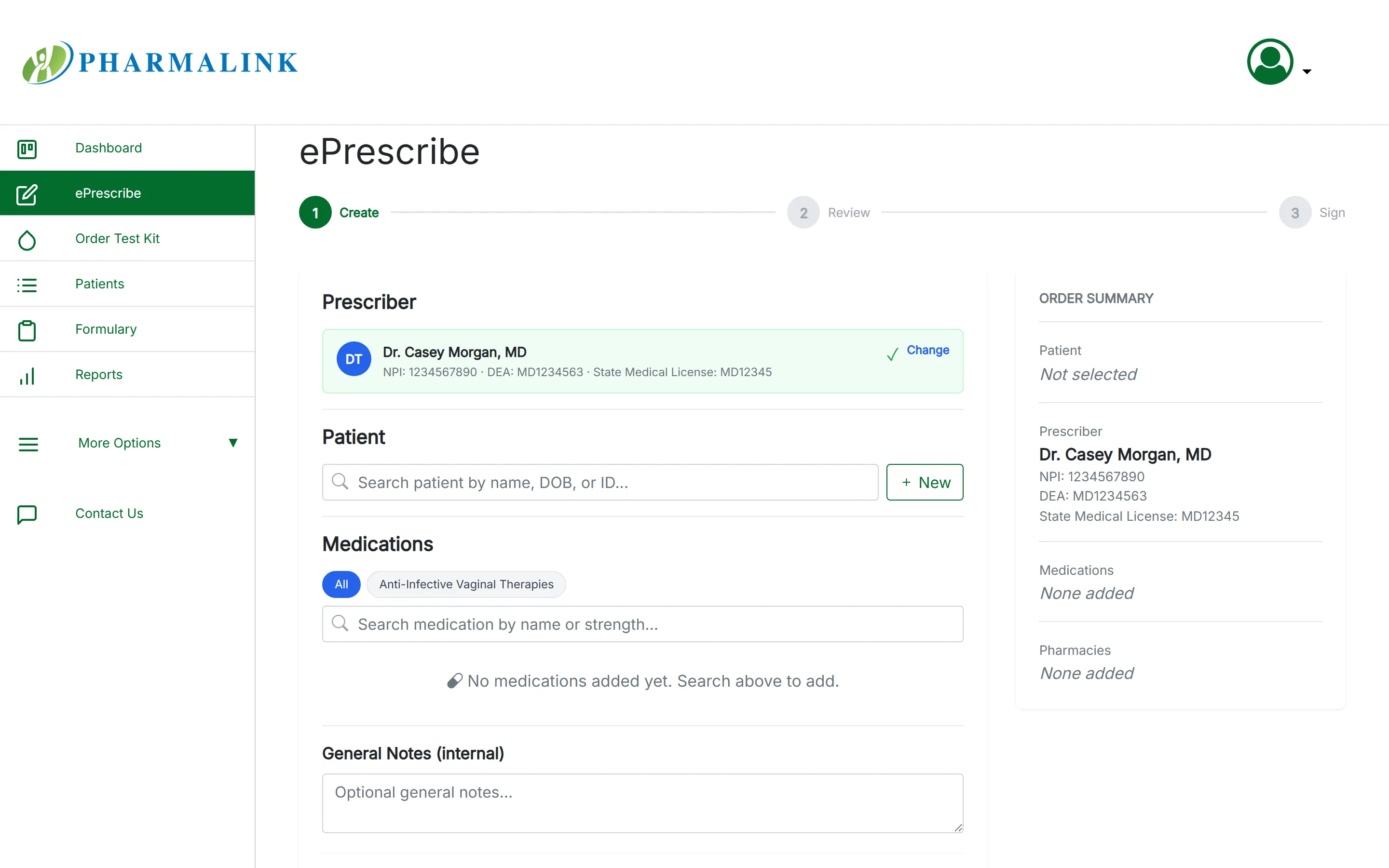 PharmaLink ePrescribe composer with prescriber, patient search, medication search, and order summary