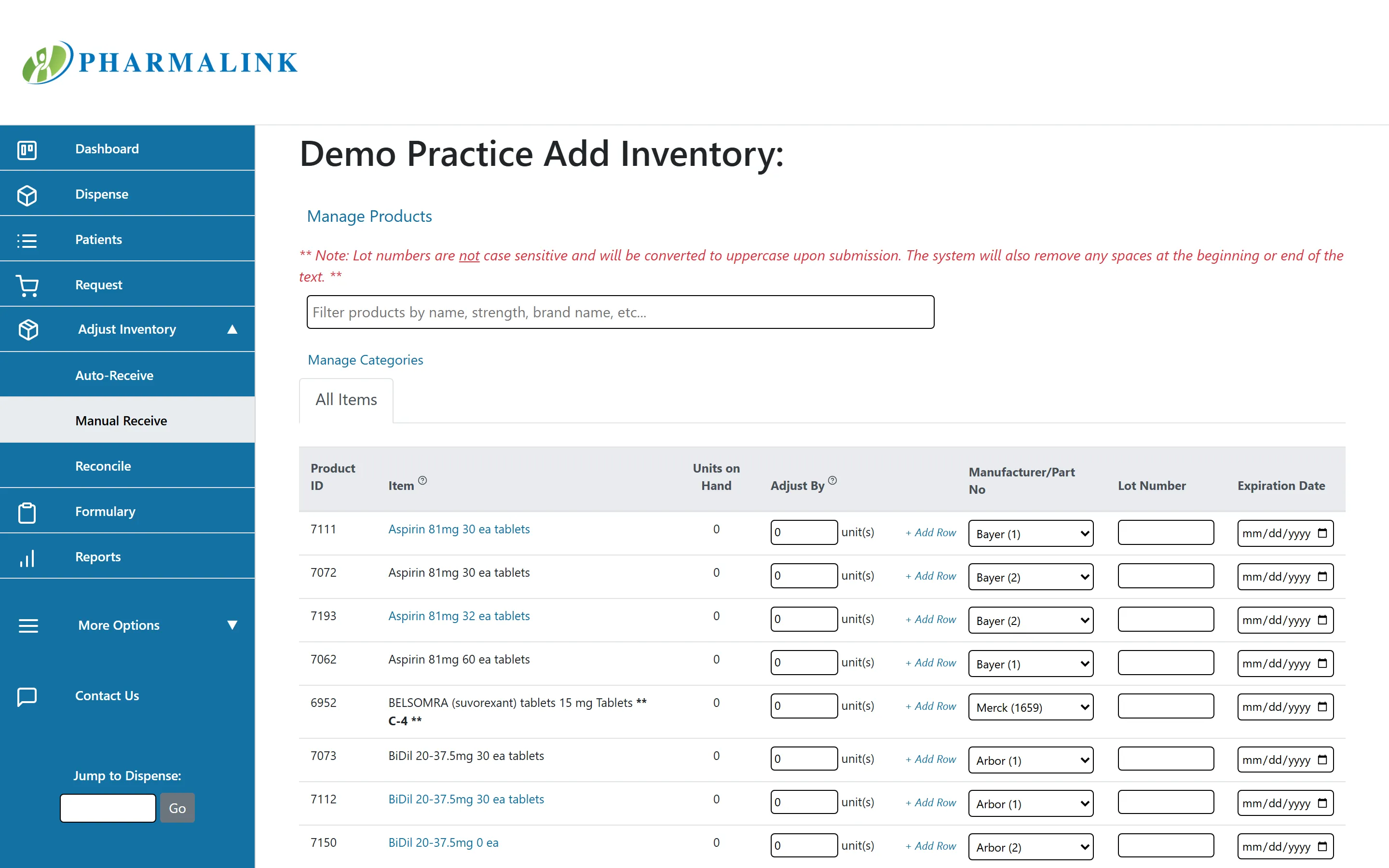 PharmaLink inventory management screen with products, units on hand, lot numbers, and expiration dates