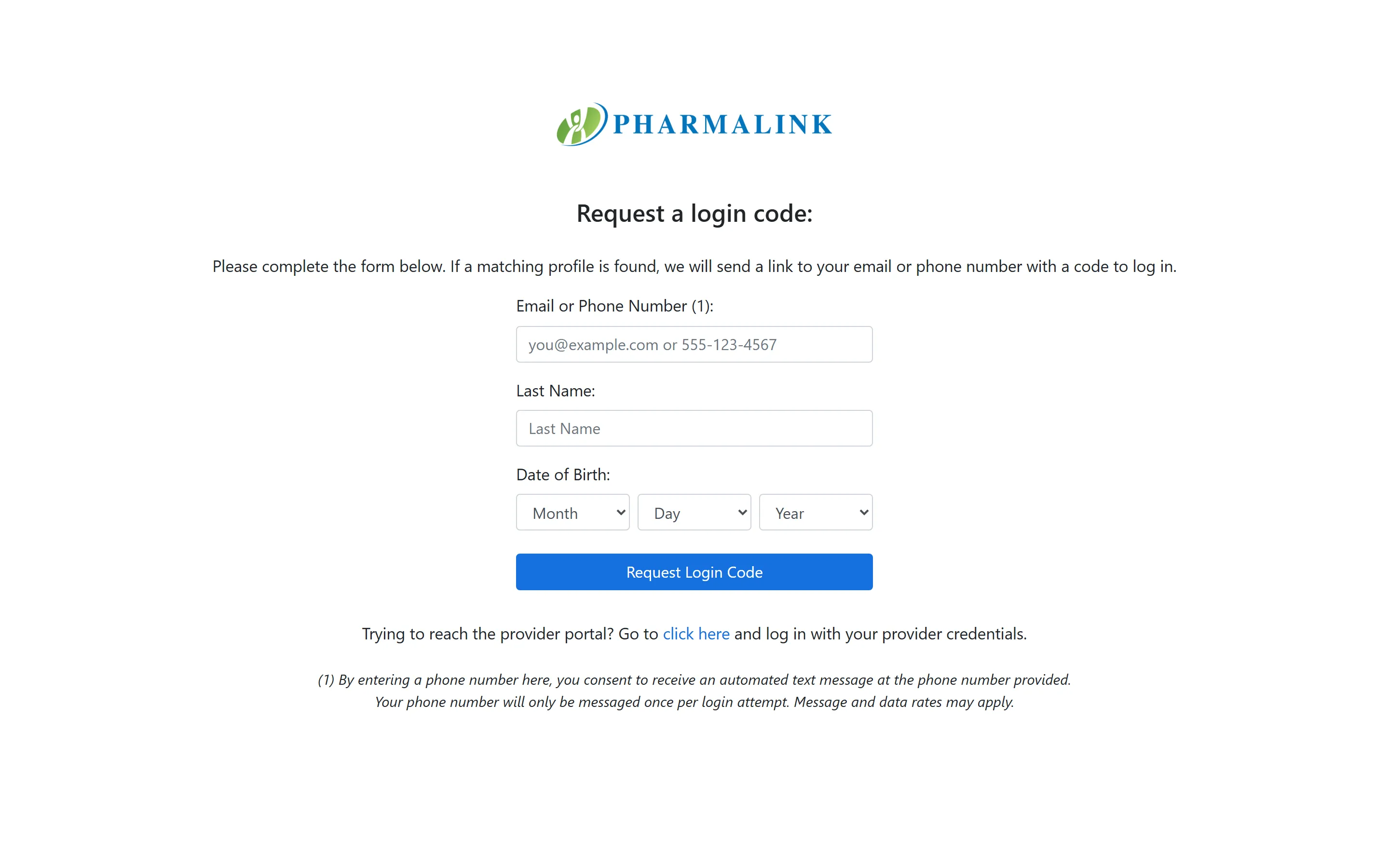 PharmaLink patient portal passwordless login requesting a one-time code