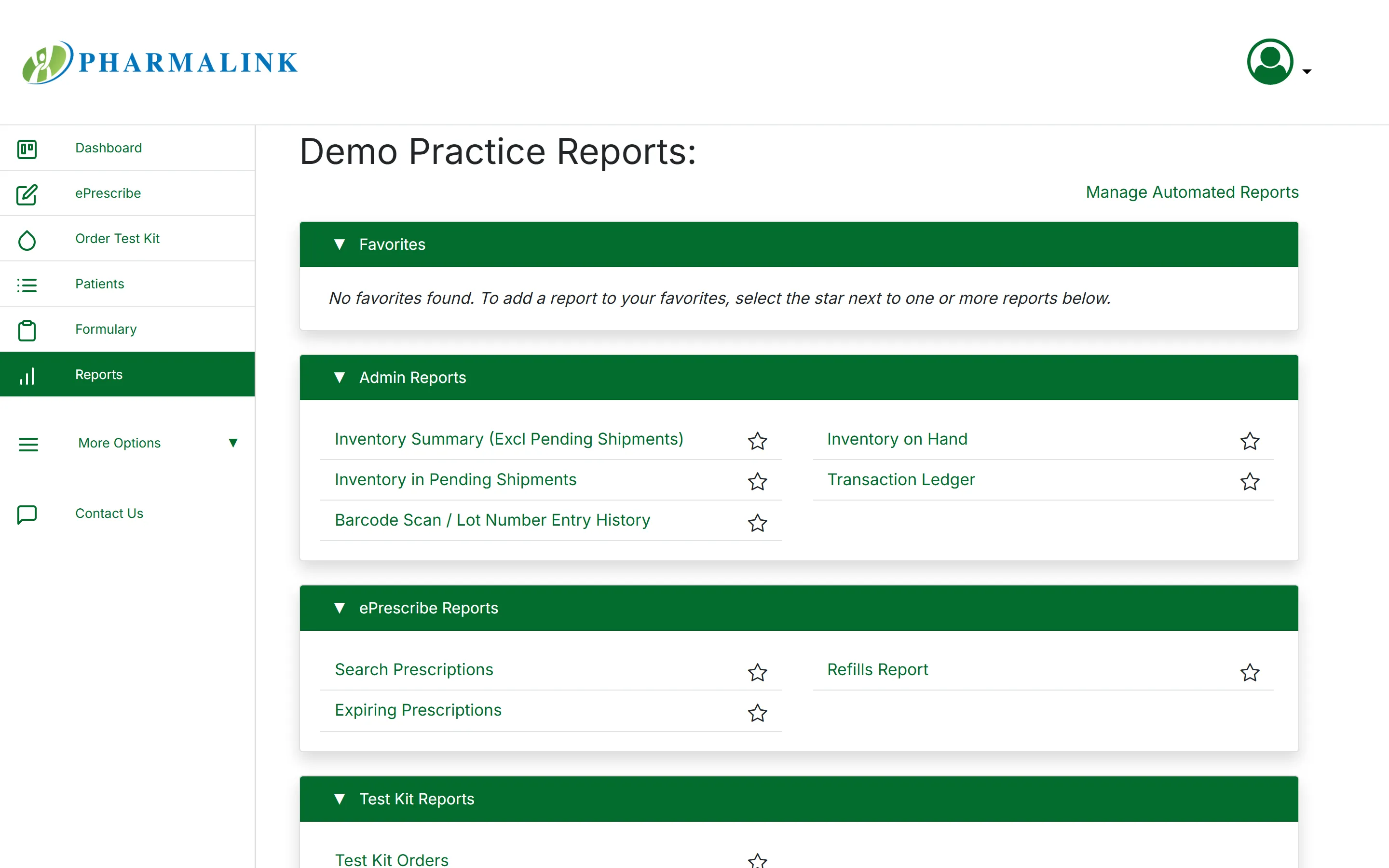 PharmaLink reports catalog with inventory, transaction ledger, and prescription reports, plus automated report delivery